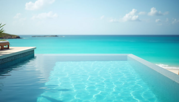 High angle view of a peaceful infinity pool overlooking the turquoise waters of Playa Largo Resort
