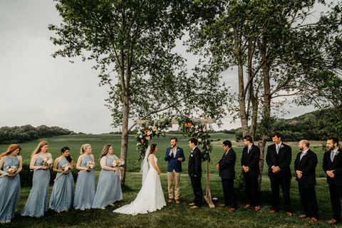 Wedding party surrounds couple as they take their vows under a set of birch trees