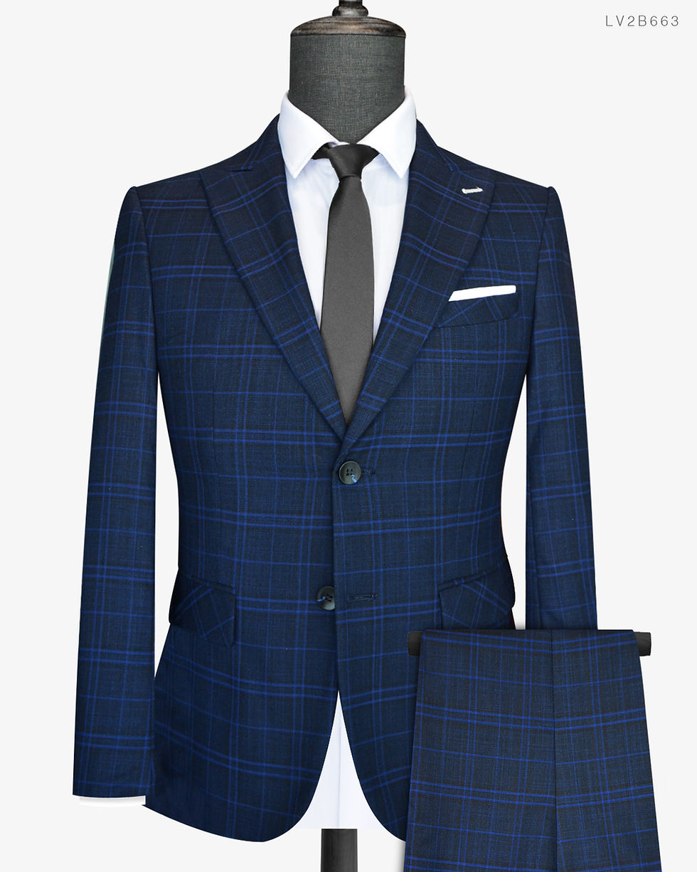 Front view of blue checked slim-fit suit jacket with peak lapel