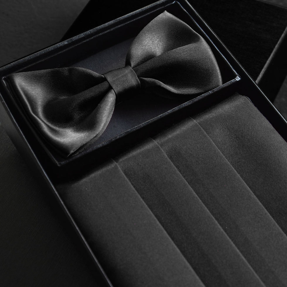 Thumbnail: Black cummerbund set with bow tie and pocket square for tuxedo