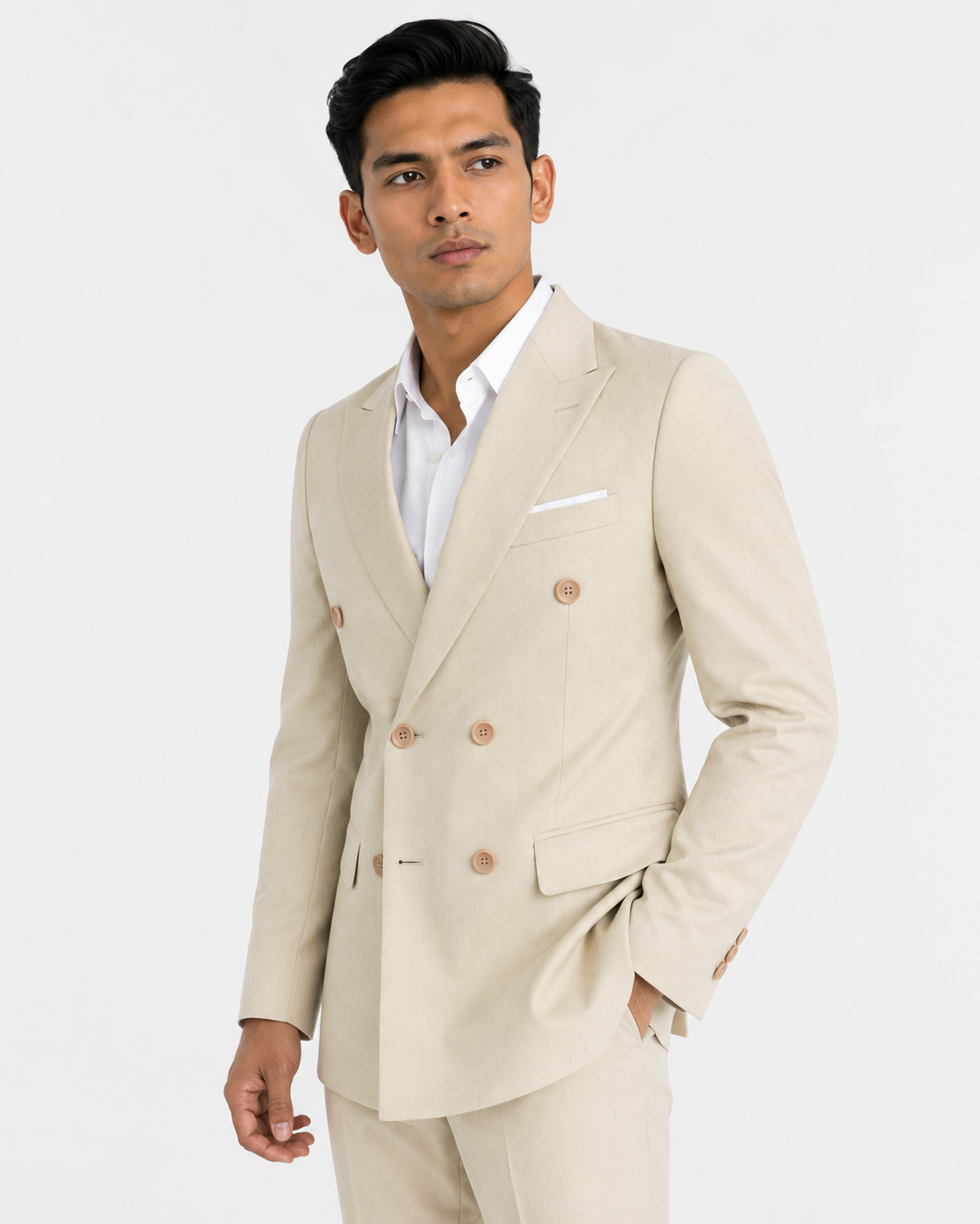 Cream Double-Breasted 2-Piece Suit