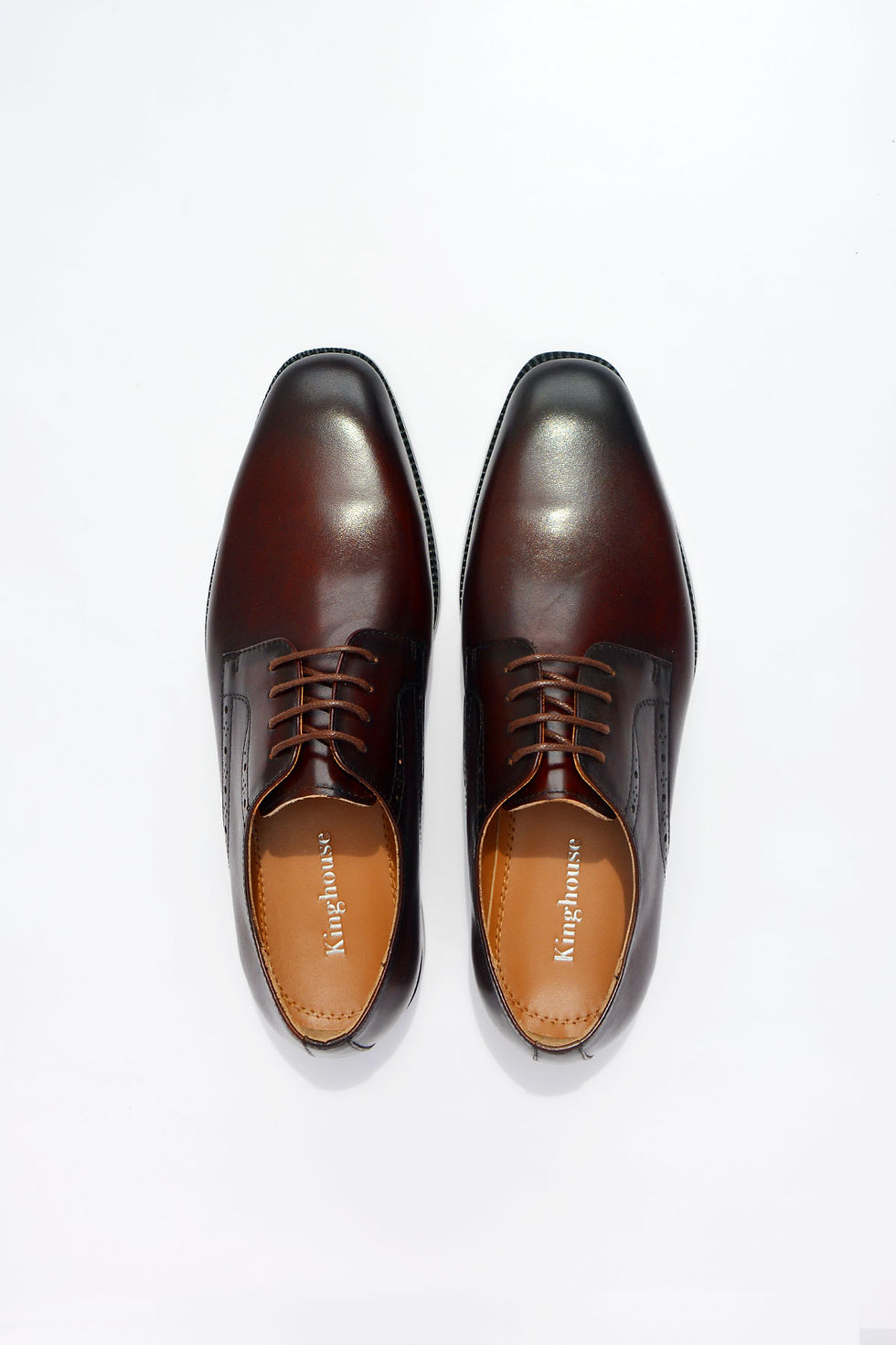 Thumbnail: Top view of men’s brown leather derby shoes