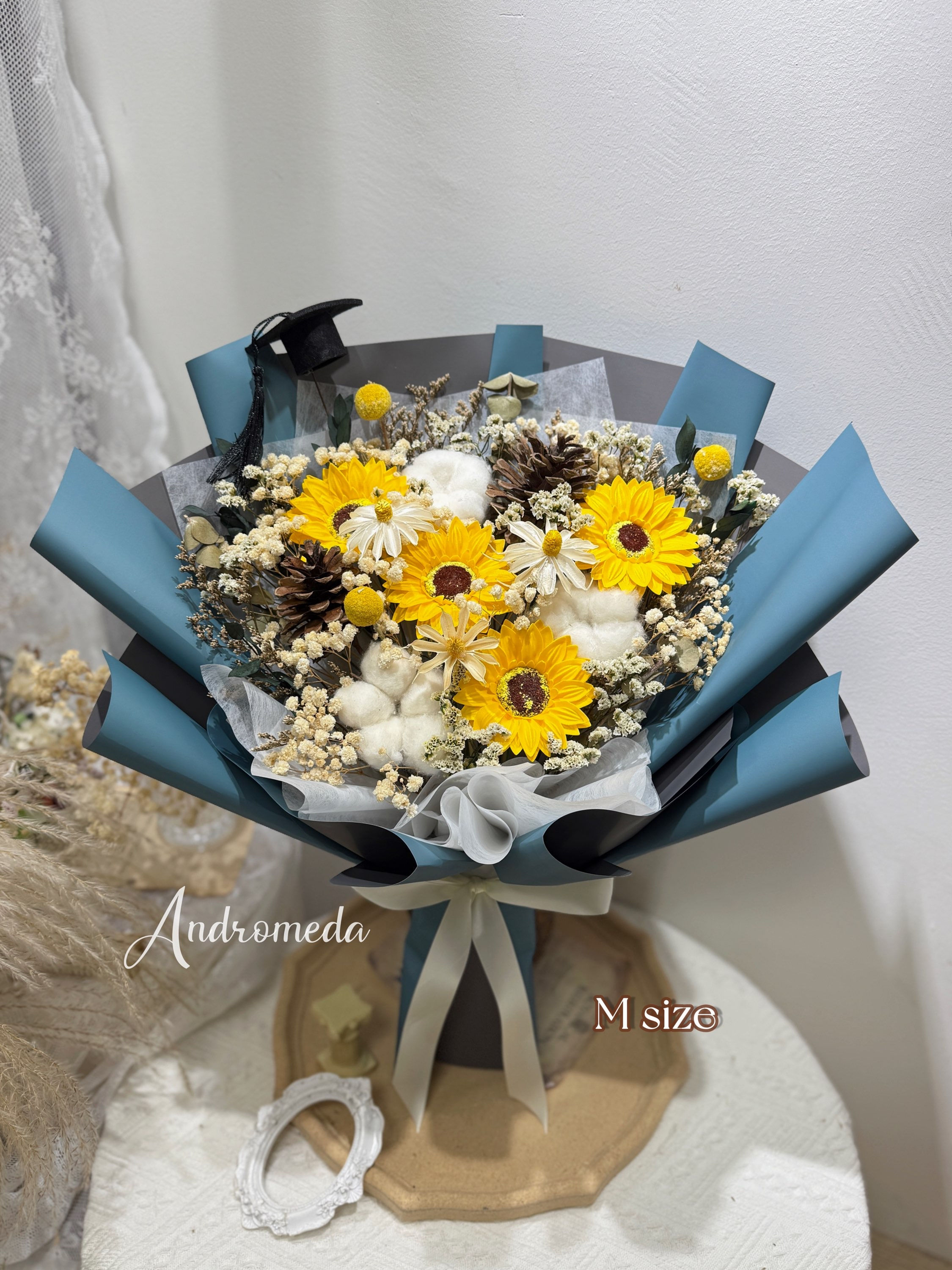 文青風系列- M size 尤加利葉x太陽花-深藍灰雙色花紙 