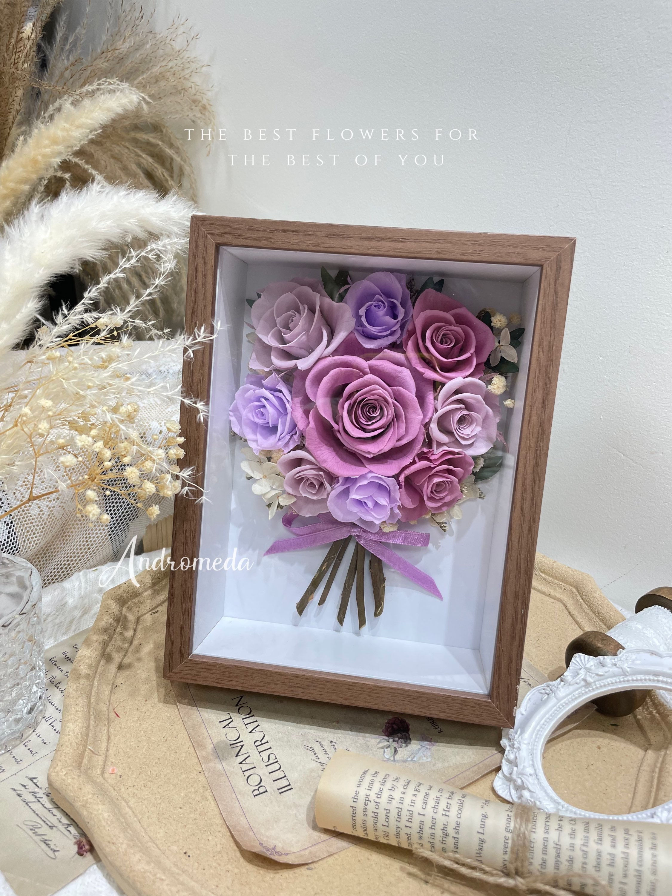 九枝紫色永生玫瑰花-花畫相框