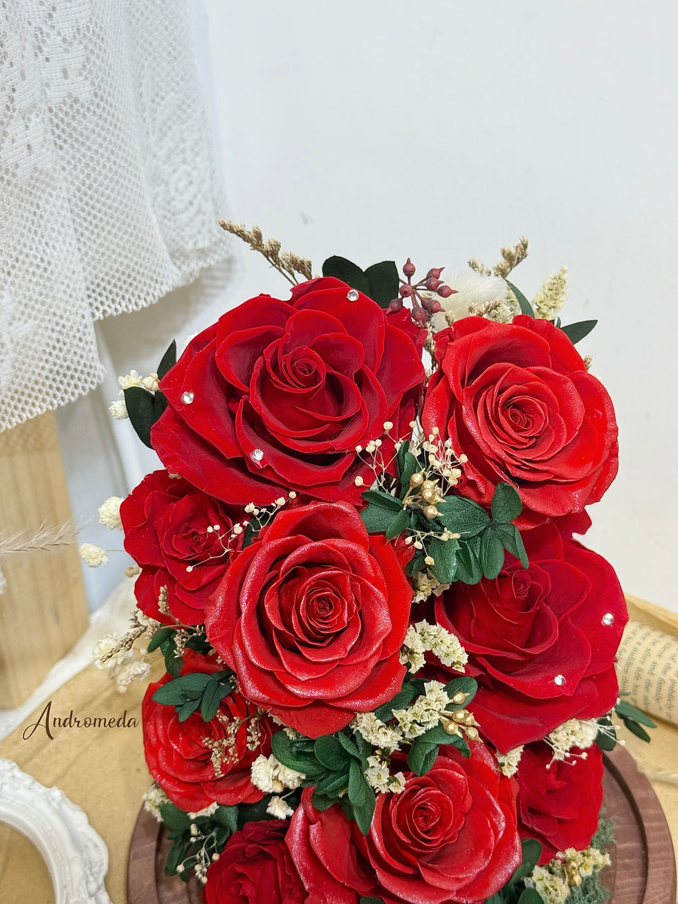 縮圖：九枝紅色 永生玫瑰花-玻璃瓶 20x18cm