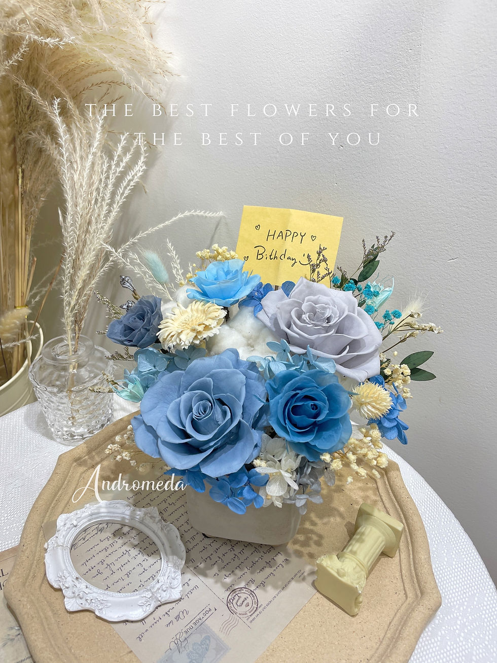 縮圖：冰灰藍色永生花&乾花-水泥盤💙🐋