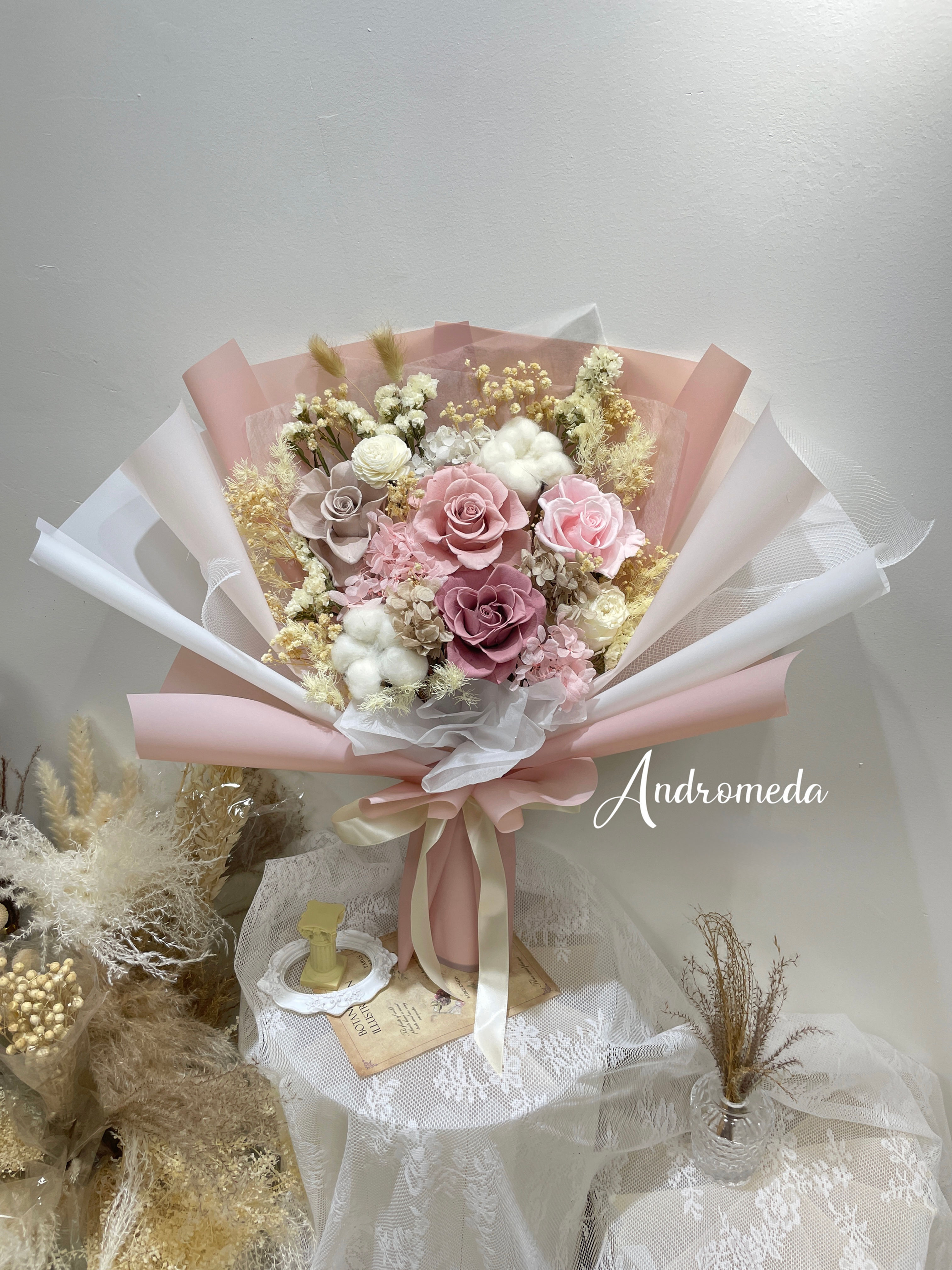 🥨馬卡龍裸粉色永生花束 M size 