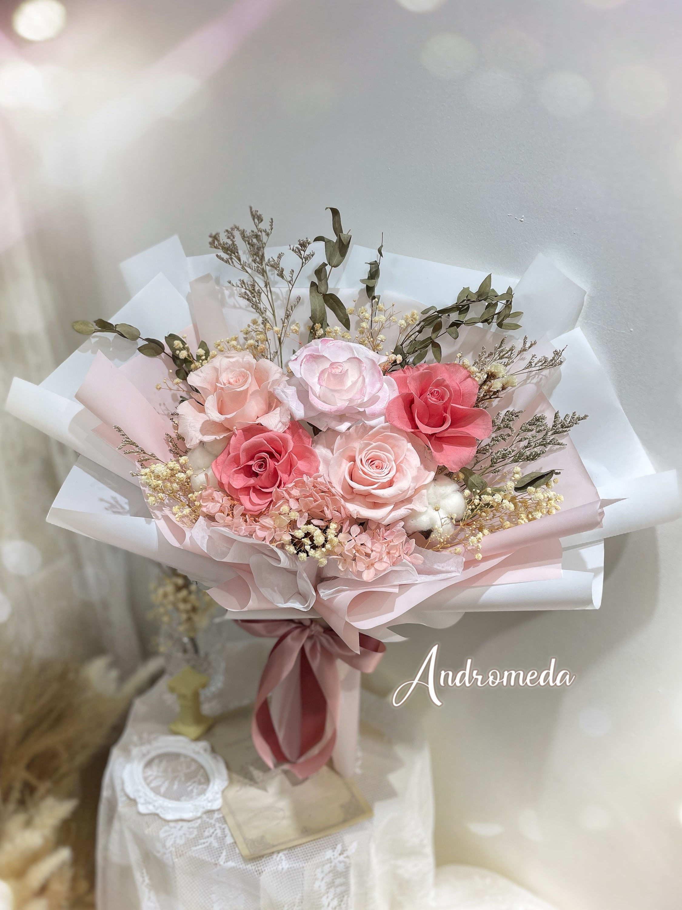 M size-永生花白桃+深桃+漸變珠光粉