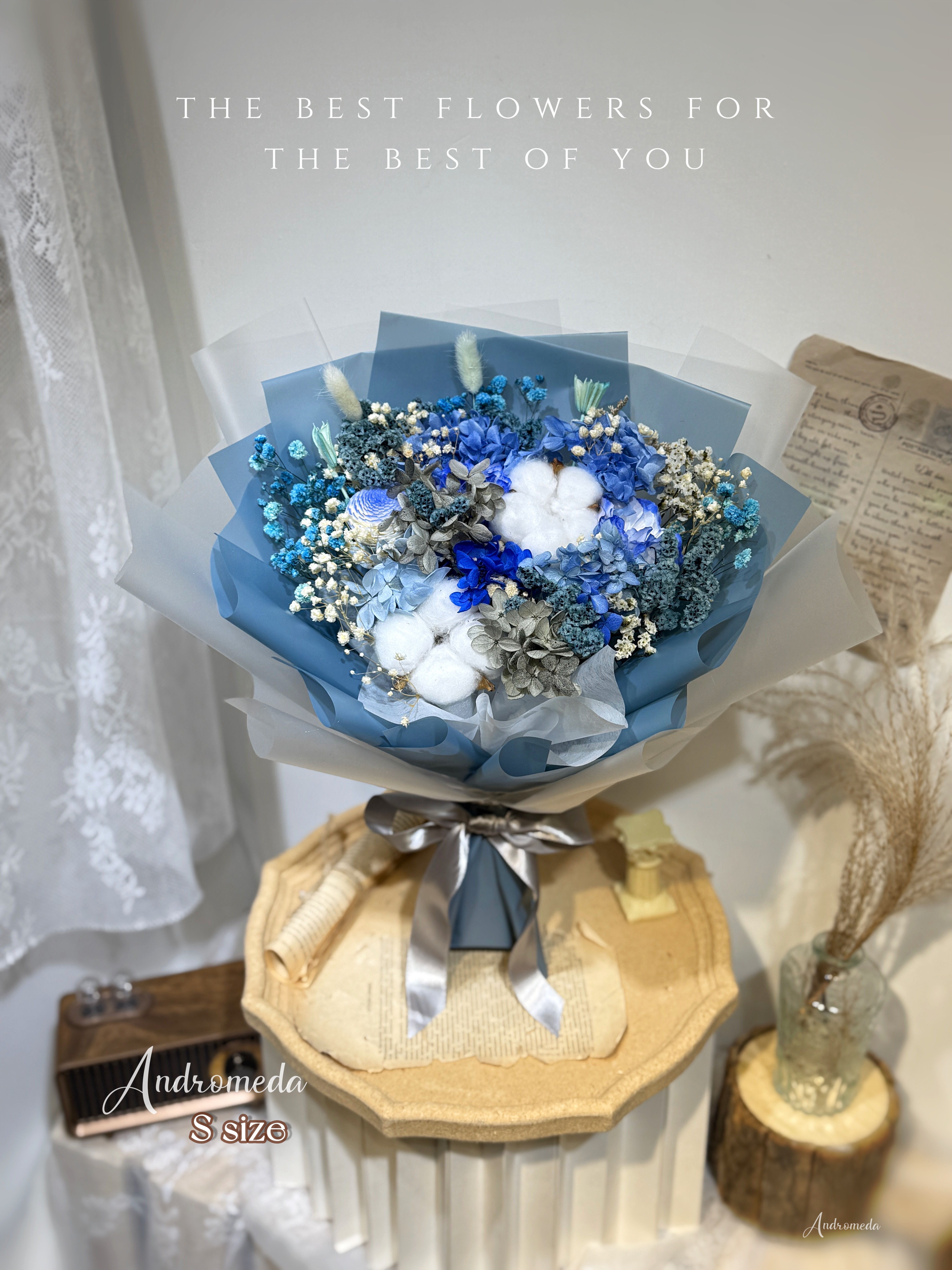❄️深藍色繡球花&木棉花💙 S size 深藍色花紙+外層透明磨沙花紙
