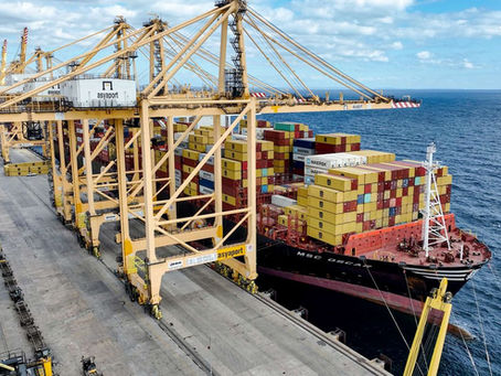Container Cranes equipped with BASIS base isolation system service a large container vessel.