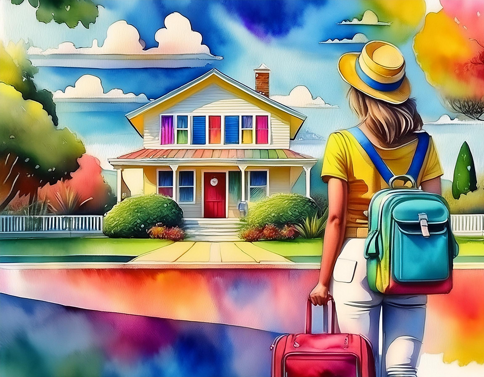 Person with backpack and suitcase stands in front of a colorful house at sunset, suggesting a journey or homecoming. Vibrant, warm tones.