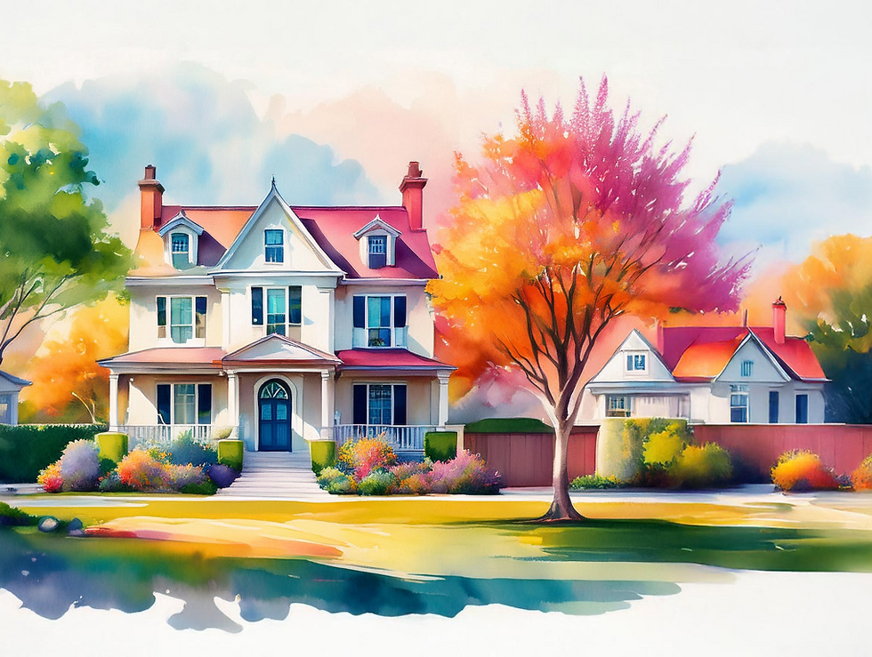 Colorful painting of a Victorian house with red roof, surrounded by vibrant trees and flowers. Peaceful, sunny setting. No text visible.