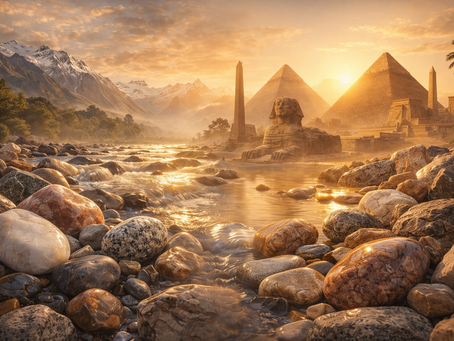 Tasman New Zealand river bed with rocks and the ancient egyptian monuments in the background