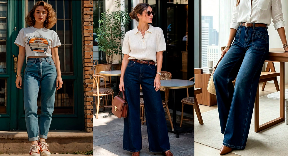 Colagem de moda com looks femininos em alfaiataria marrom, vestido poá e conjunto vermelho, ilustrando tendências dos anos 80 que voltaram em 2026