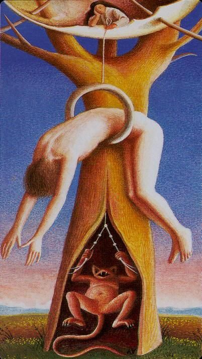 Carta dell’Impiccato dal mazzo Bosch Tarot (ispirato a Hieronymus Bosch): figura raffigurata appesa a testa in giù, con atmosfera surreale e dettagli onirici tipici di Bosch.