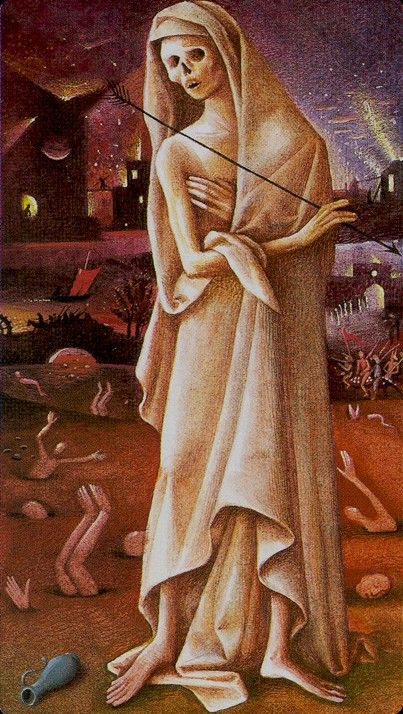 Carta della Morte dal mazzo Bosch Tarot: figura scheletrica in stile Bosch, simbolo di trasformazione, rappresentata in un paesaggio visionario e surreale.