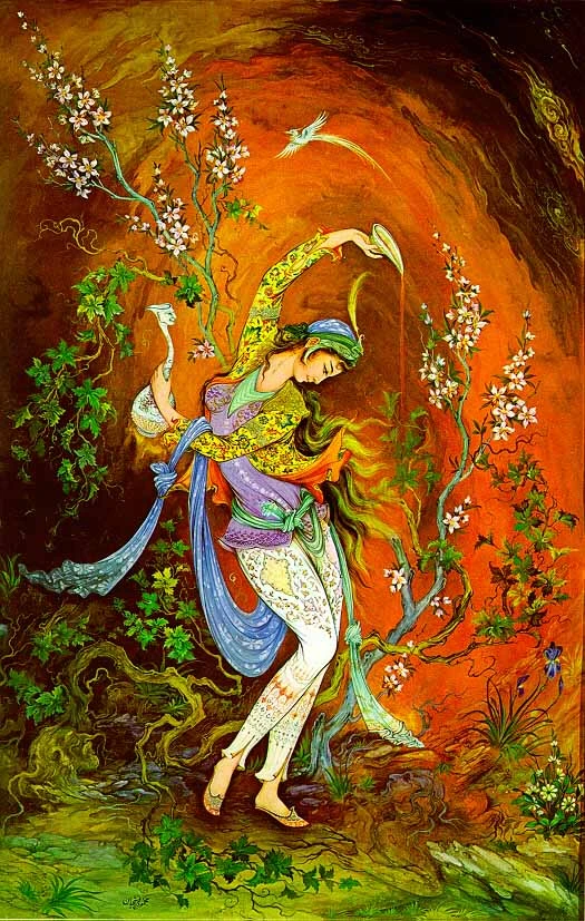 Illustrazione onirica e simbolica dell'artista Mahmoud Farshchian, intitolata 'Bestow' (1968), con figure eteree e colori intensi, spesso associata a temi spirituali e di introspezione, in armonia con l’atmosfera mistica dei tarocchi.