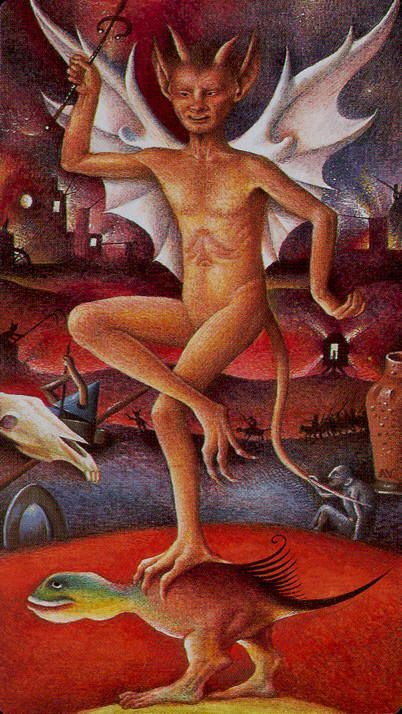 Carta del Diavolo dal mazzo Bosch Tarot: creatura mostruosa ispirata all’arte di Hieronymus Bosch, simbolo delle tentazioni e dell’ombra interiore.
