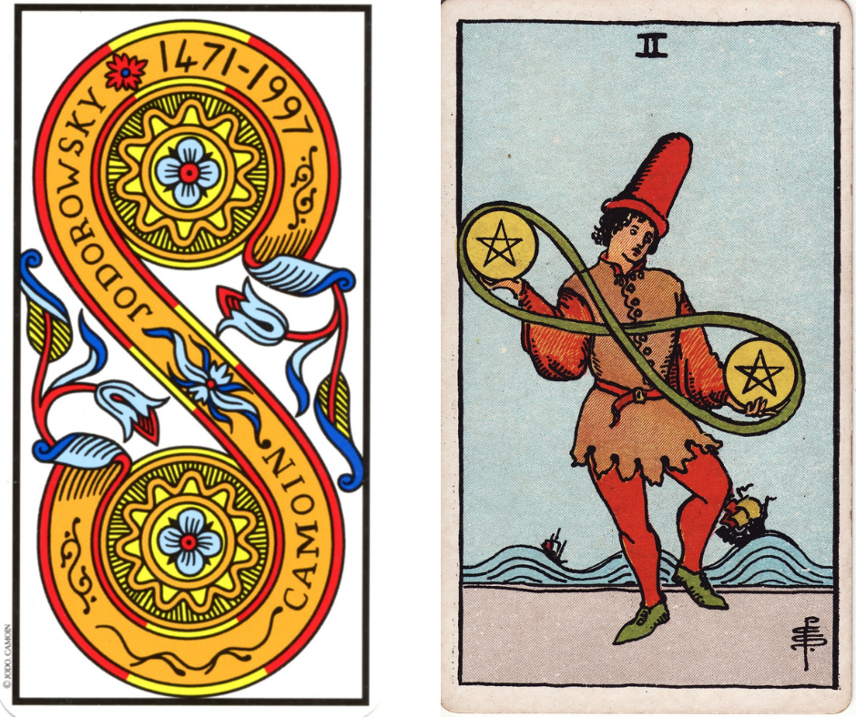 Confronto tra il Due di Denari nei Tarocchi di Marsiglia di Jodorowsky e nel mazzo Rider-Waite, simbolo di equilibrio e adattabilità.