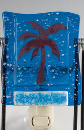 Handcrafted one-of-a-kind deep blue and white night light with hand-cut copper foil palm tree inclusion.
