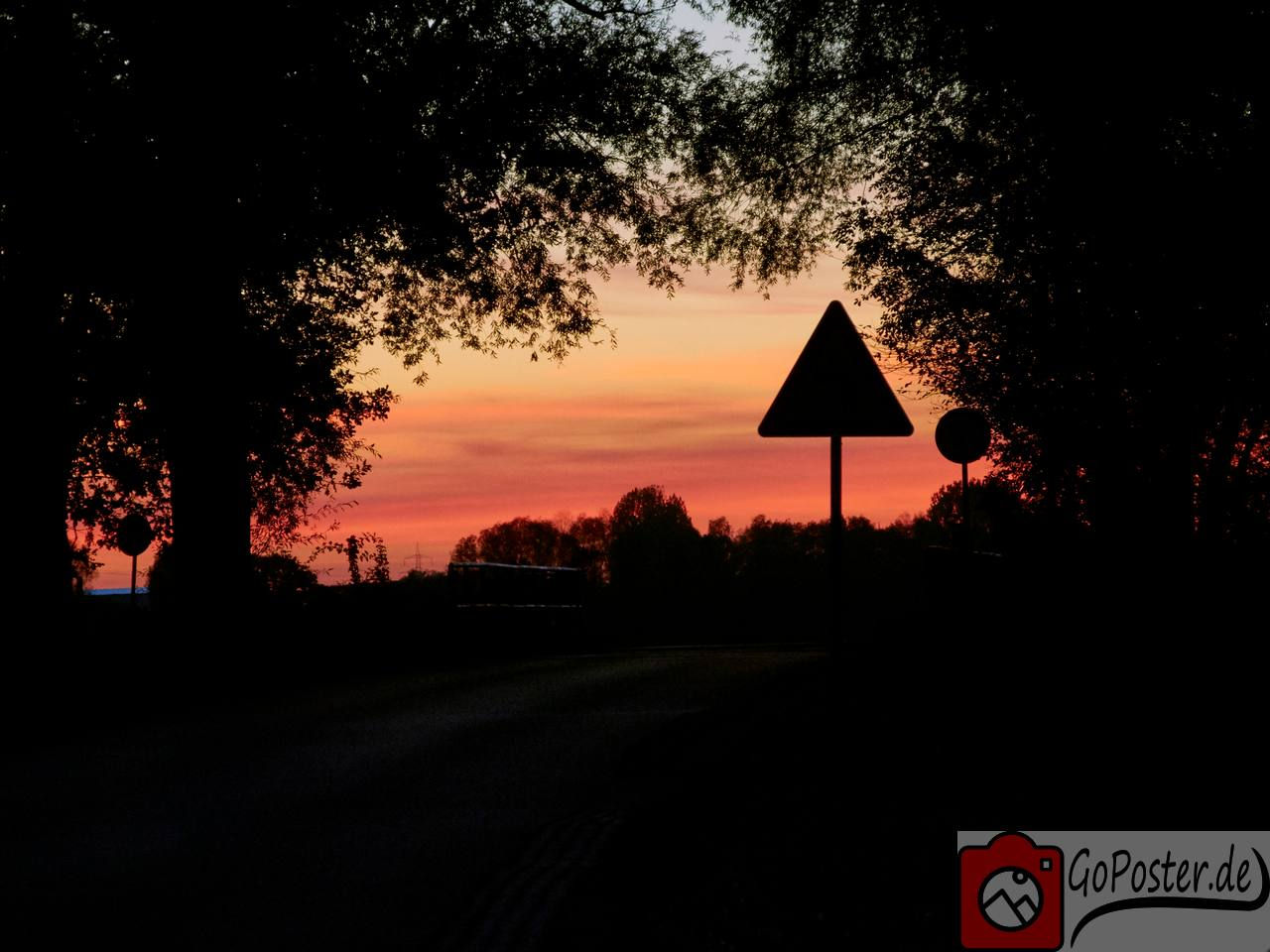 Rosaroter Sonnenuntergang mit Relief von Bäumen und Schild (Poster)