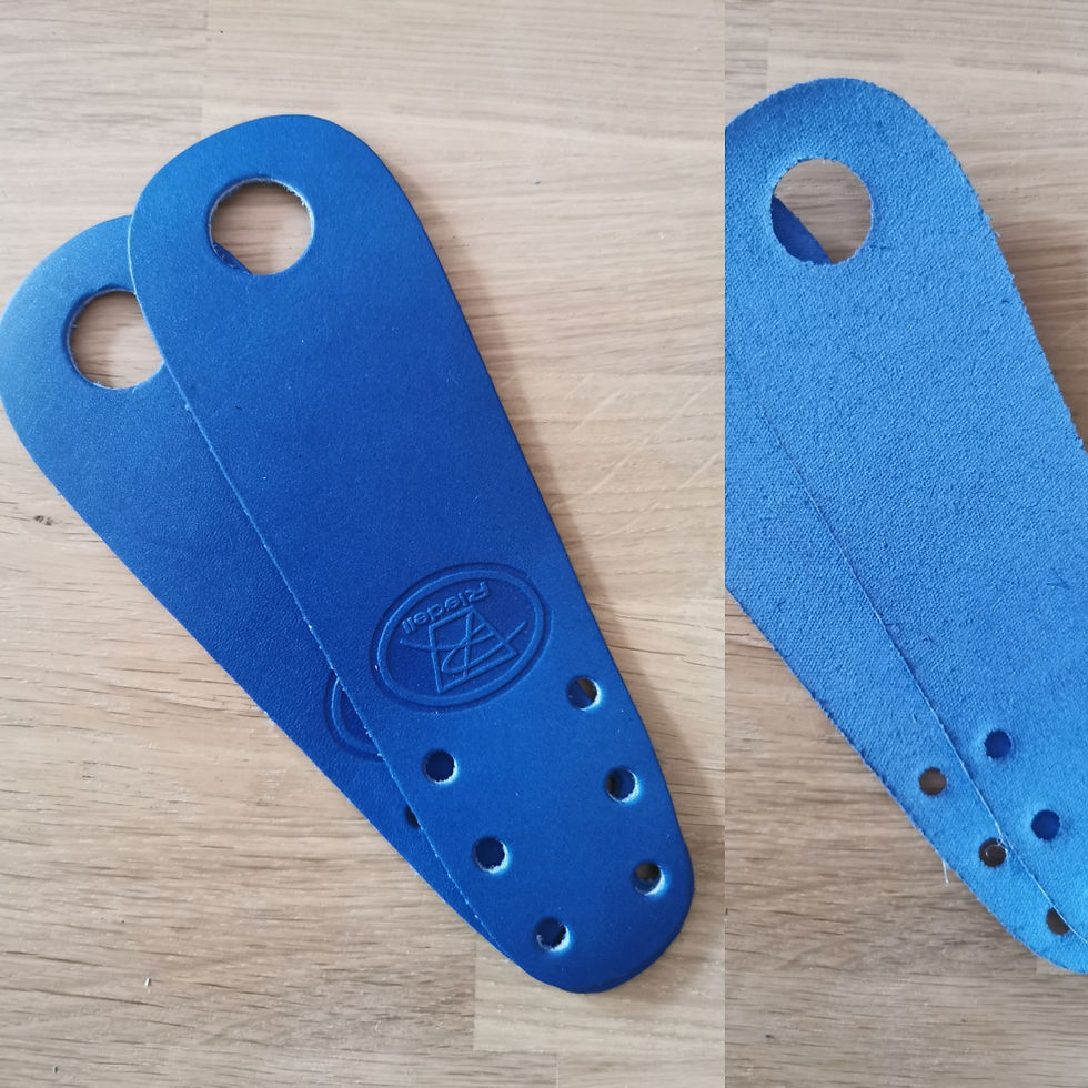 Thumbnail: Pair of royal blue leather toe guards showing suede underside