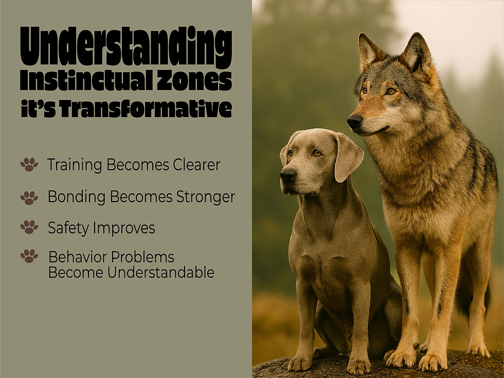 Wolf and a Labrador Retriever signage reads: Understanding Instinctual Zones it’s Transformative

Training Becomes Clearer

Behavior Problems Become Understandable

Bonding Becomes Stronger

Safety Improves