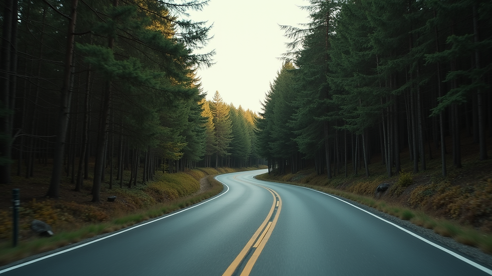 Eye-level view of a winding road surrounded by trees