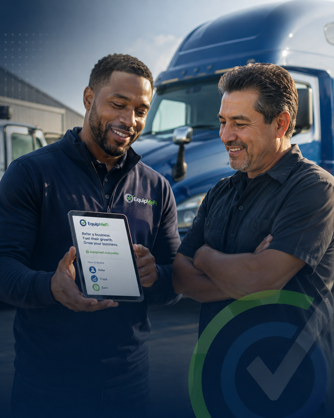 Referral partner sharing EquipMeFi with a commercial business owner