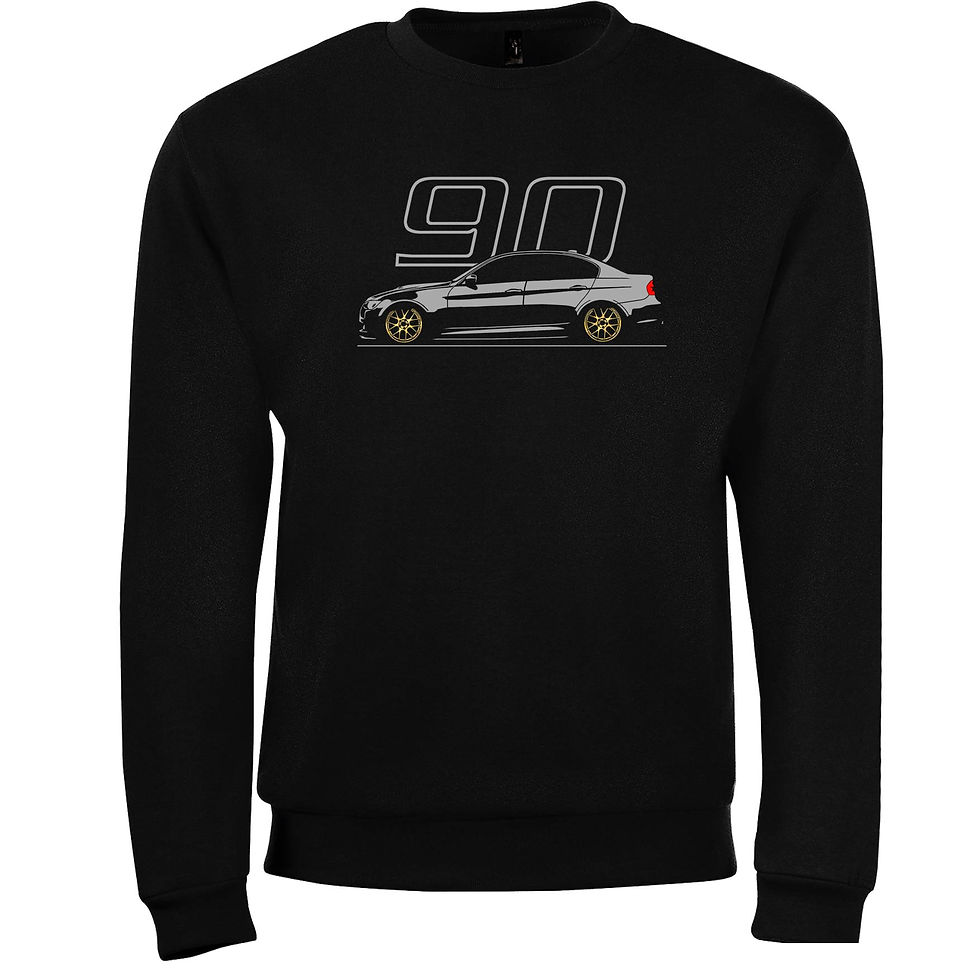 Thumbnail: BMW E90 3 Series lowered stance graphic with large 90 background on black crewneck sweatshirt