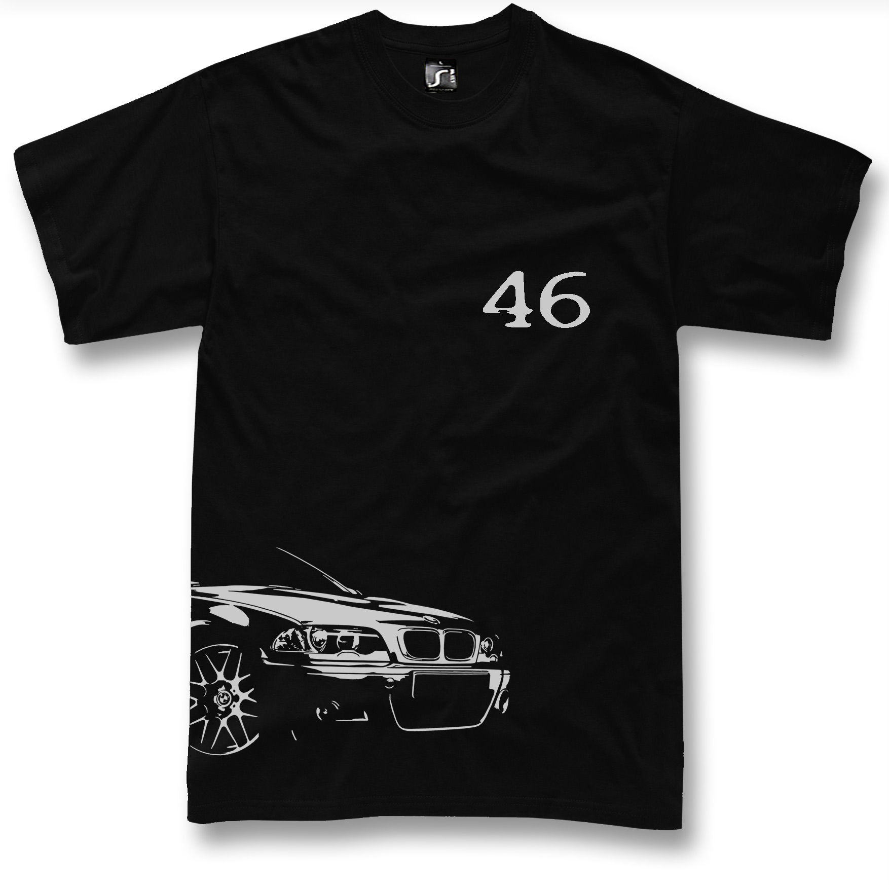 BMW M3 E46 front three-quarter graphic on black short sleeve T-shirt