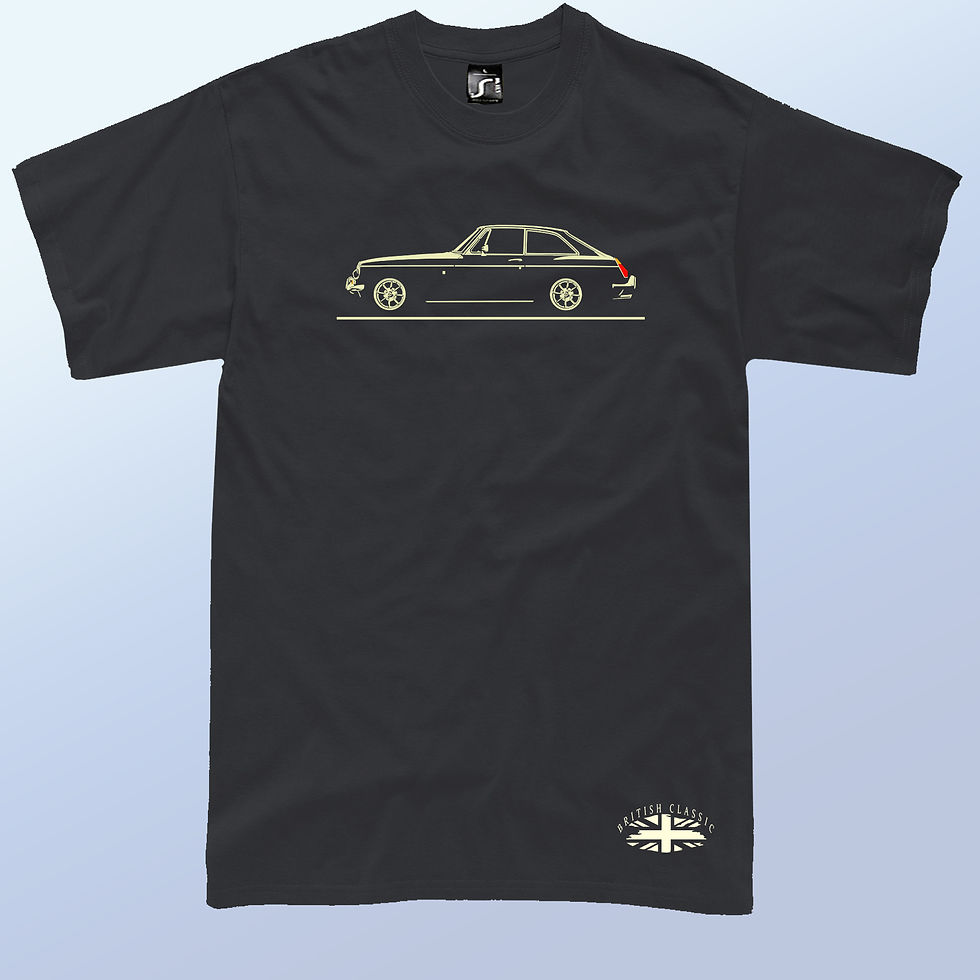 Thumbnail: MGB GT classic British fastback sports car side profile graphic on black short sleeve T-shirt