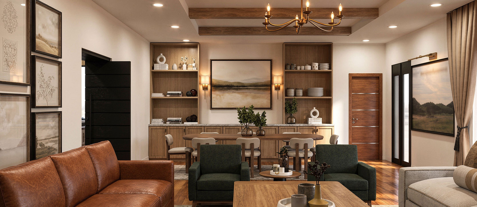 Open-concept living and dining room with leather sofa, green chairs, wood furniture, built-in shelves, and warm modern decor.