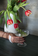 Hand holding a cocktail beside fresh tulips in a hospitality setting