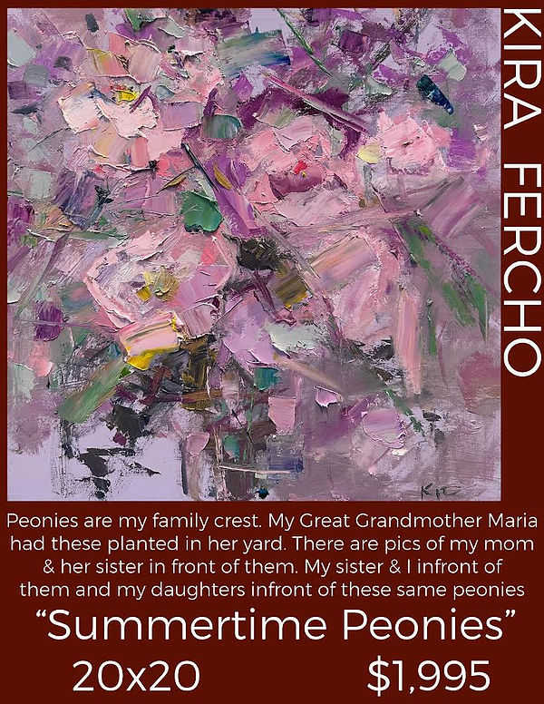 Thick oil brushstrokes capture blooming summer peonies – artwork by Kira Fercho