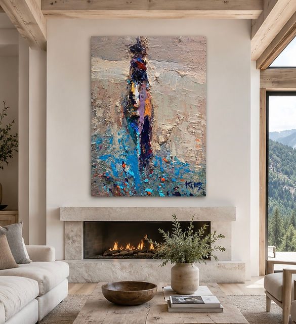 Colorful abstract horse painting by Kira Fercho, displayed above a modern fireplace.