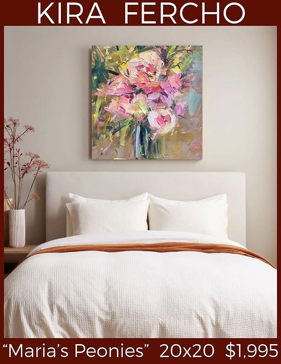 Thick oil brushstrokes capture blooming summer peonies – artwork by Kira Fercho