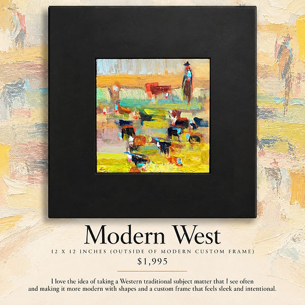 Modern West, modern shapes that represent Kira's traditional subject matter. Original Oil Painting Available Now