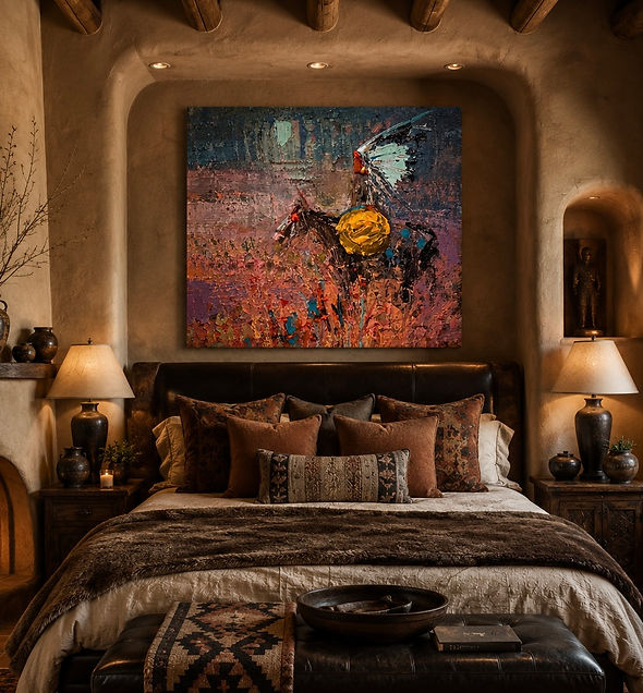 Colorful Native American horseback rider painting by Montana artist Kira Fercho in a warm Southwestern bedroom.