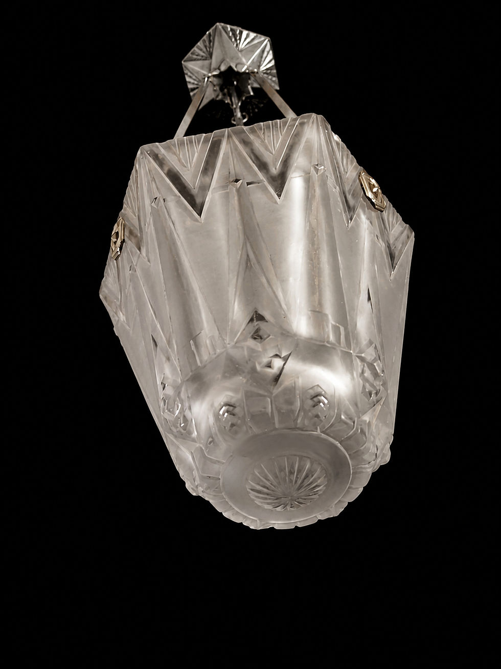 Miniature : MULLER FRERES : SUSPENSION ART DÉCO EN BRONZE NICKELÉ ET DÔME EN VERRE PRESSÉ