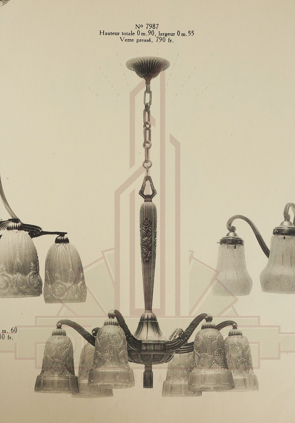 Miniature : Lustre art déco en bronze nickelé par Hettier et Vincent équipé de six tulipes en verre moulé-pressé signées Hettier & Vincent 1930