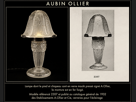 Lampe Art Déco d'Aubin Ollier en verre moulé pressé comparée au modèle 2307 présenté dans son catalogue de 1932