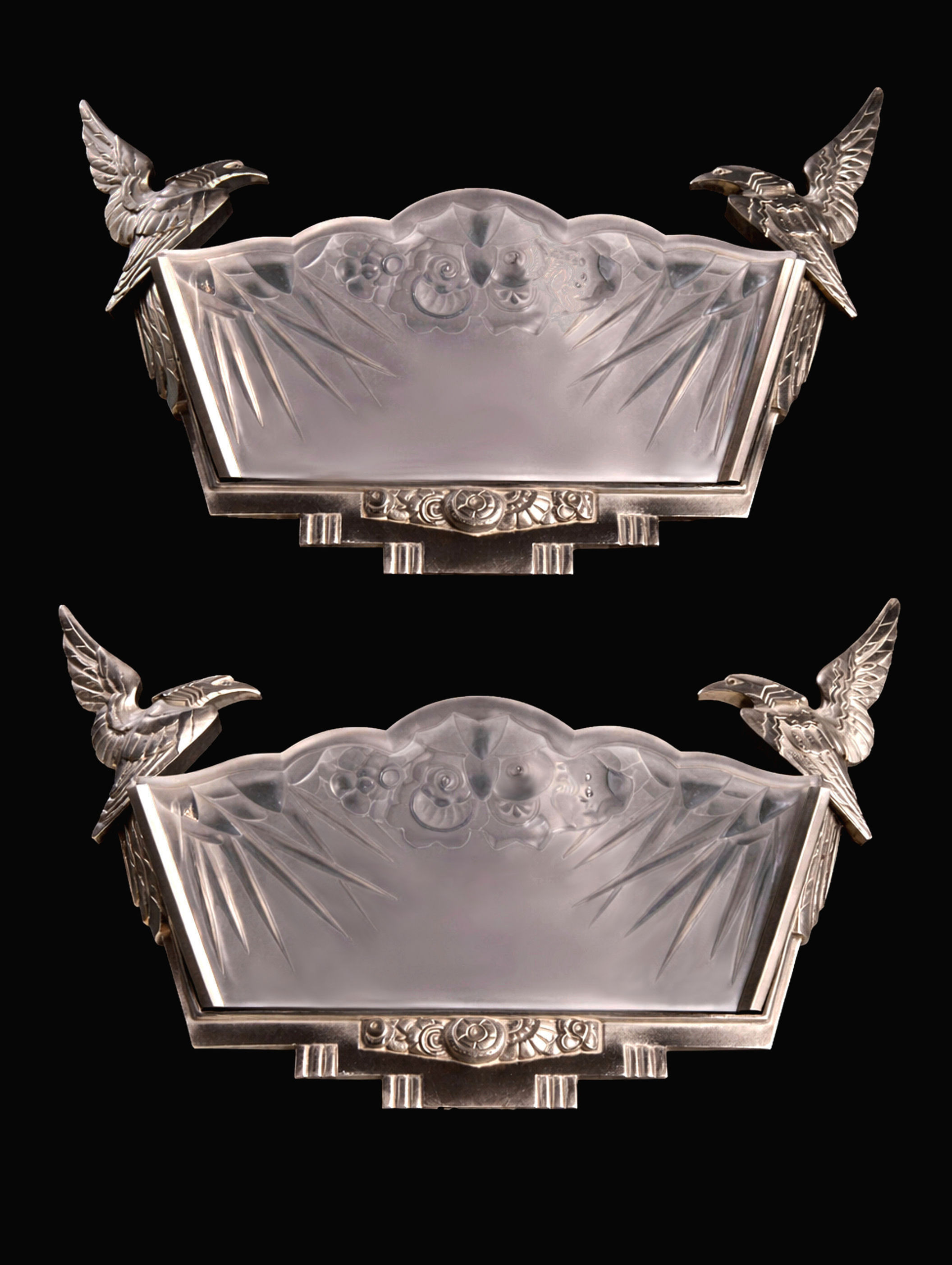 MARCEL HUDRY & LORRAIN : PAIRE D’APPLIQUES ART DÉCO BRONZE NICKELÉ & PANNEAUX