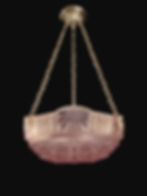 Lustre Art déco 1930 en bronze nickelé et vasque en verre moulé-pressé signé Muller Frères Lunéville, vue générale suspendue avec chaînes matricées et pavillon d'origine.