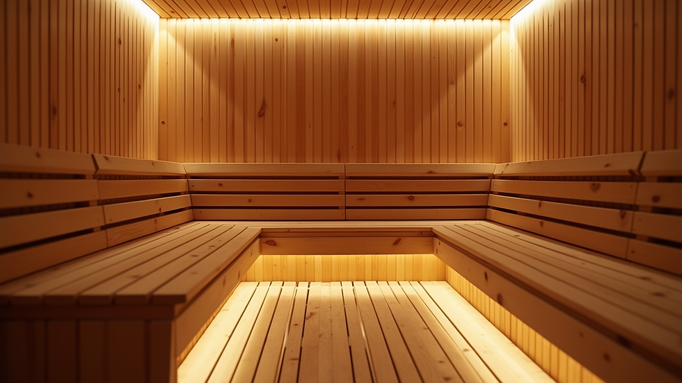 Eye-level view of a serene sauna interior with wooden benches and soft lighting