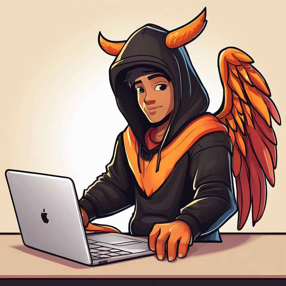 A person in a black hoodie with orange horns and wings uses a laptop. The setting is a simple, light-colored room, creating a playful mood.
