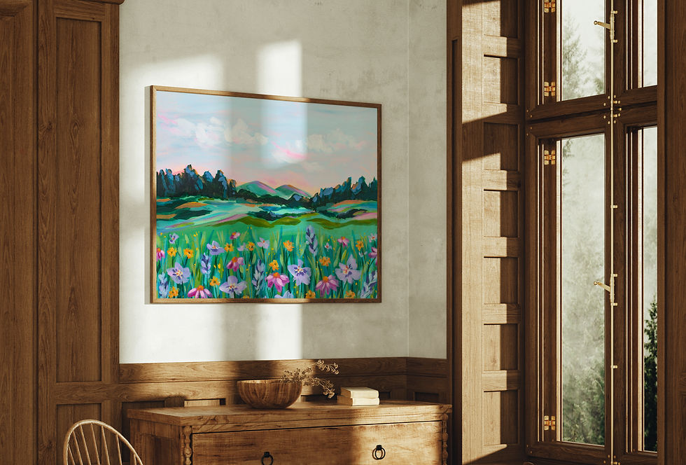 Thumbnail: Mountain view – Acrylic Landscape and Wildflower Art Print