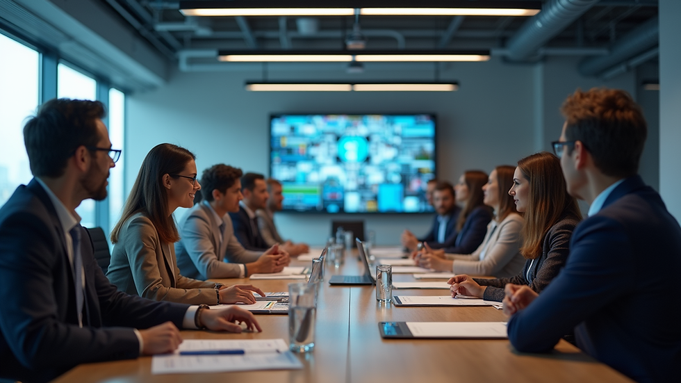 Eye-level view of a conference room with a diverse team discussing AI strategy