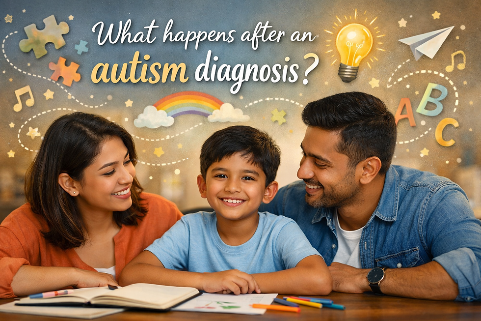 Smiling South Asian family with child at table, surrounded by playful autism-themed illustrations and title “What happens after an autism diagnosis?” in warm, hopeful setting.