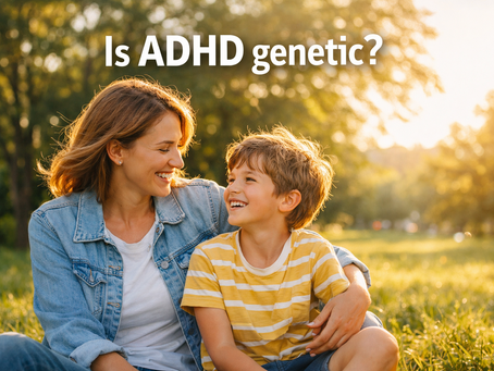 Alt text: Mother and son sitting together outdoors in a sunny park, smiling warmly at each other, with the text “Is ADHD genetic?” representing family connection and genetic influences on ADHD. Short accessibility version: Mother and son smiling together in a park beside the text “Is ADHD genetic?”